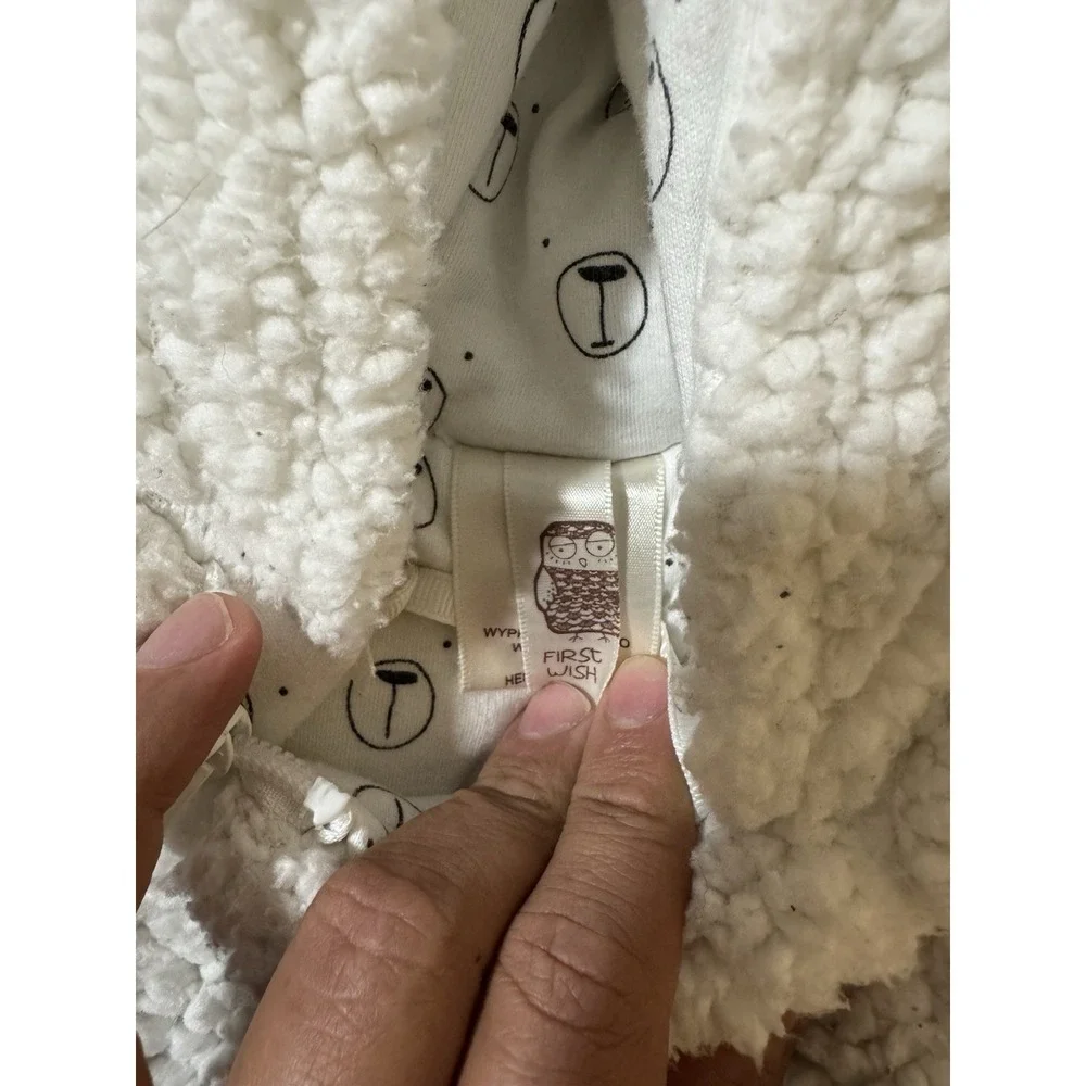 First Wish Baby Size 3-6m  Off-White Bear Hooded Bunting Snowsuit Sherpa Winter.
